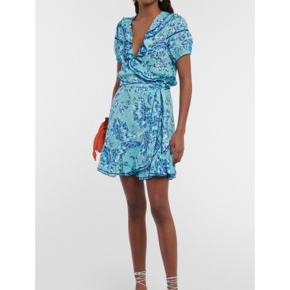 Poupette St Barth Aude Mini Wrap Dress Womens Large Blue Floral Ruffle Viscose
